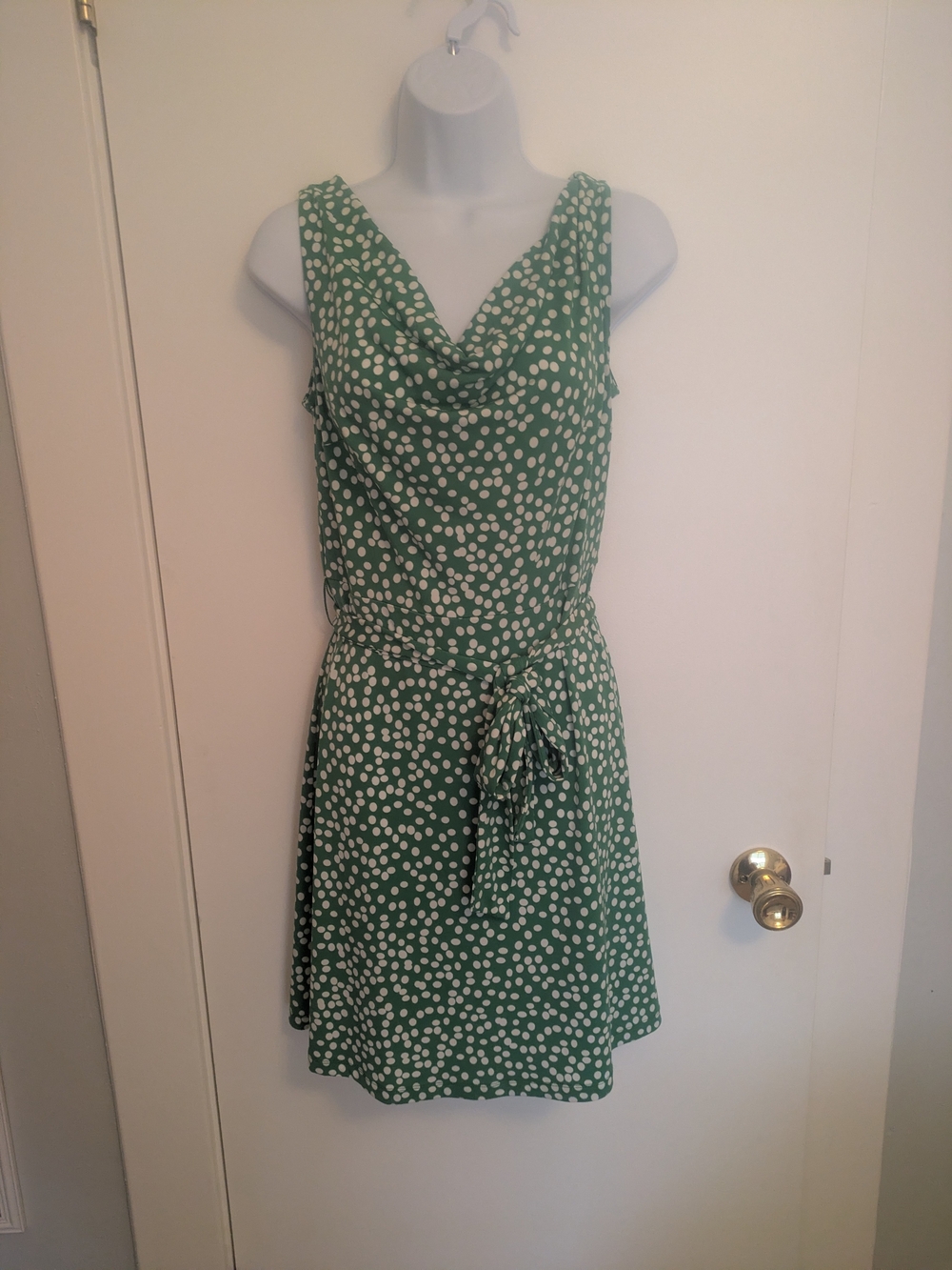 Loft Green Polka Dot Tie-Waist Sleeveless Dress